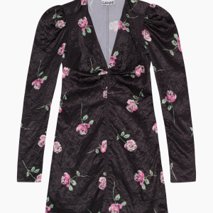 Crinkled Satin V-neck Mini Dress - Black - GANNI - Sort L