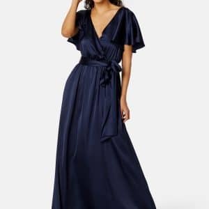 Goddiva Flutter Sleeve Satin Maxi Dress Navy L (UK14)