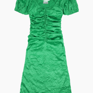 Crinkled Satin Gathered U-neck Midi Dress - Bright Green - GANNI - Grøn L