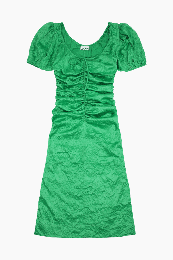 Crinkled Satin Gathered U-neck Midi Dress - Bright Green - GANNI - Grøn L