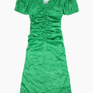 Crinkled Satin Gathered U-neck Midi Dress - Bright Green - GANNI - Grøn S