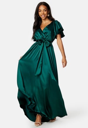 Goddiva Flutter Sleeve Satin Maxi Dress Green L (UK14)