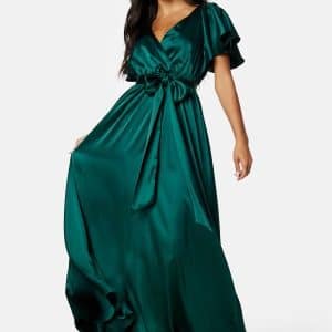 Goddiva Flutter Sleeve Satin Maxi Dress Green S (UK10)