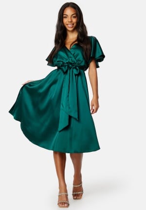 Goddiva Flutter Sleeve Satin Midi Dress Green L (UK14)