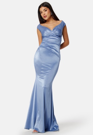 Goddiva Satin Bardot Pleat Maxi Dress Dusty Blue M (UK12)