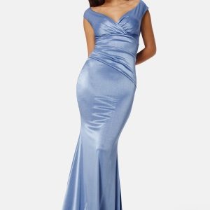 Goddiva Satin Bardot Pleat Maxi Dress Dusty Blue XXL (UK18)
