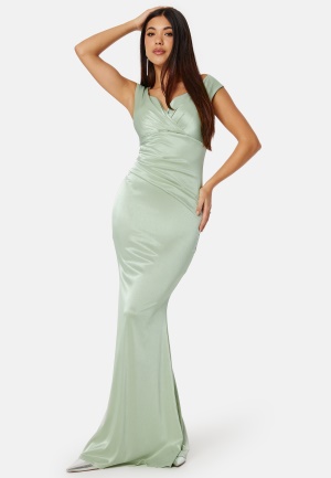 Goddiva Satin Bardot Pleat Maxi Dress Sage Green XL (UK16)