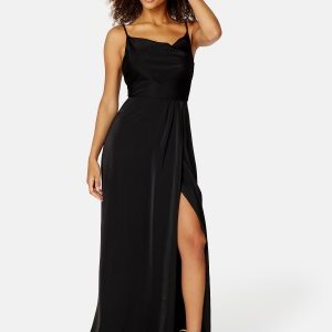 Bubbleroom Occasion Waterfall High Slit Satin Gown Black 40