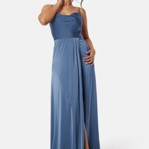Bubbleroom Occasion Waterfall High Slit Satin Gown Blue 46