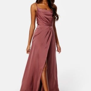 Bubbleroom Occasion Waterfall High Slit Satin Gown Dark old rose 36