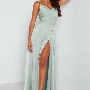 Bubbleroom Occasion Waterfall High Slit Satin Gown Dusty green 34