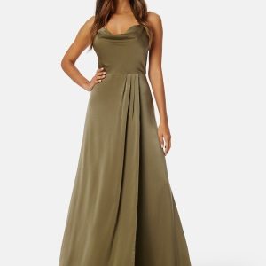Bubbleroom Occasion Waterfall High Slit Satin Gown Olive green 34