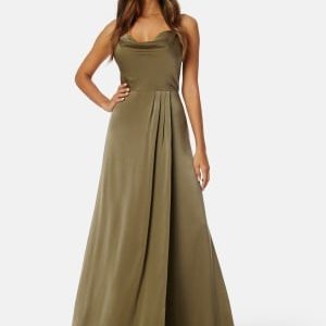 Bubbleroom Occasion Waterfall High Slit Satin Gown Olive green 46