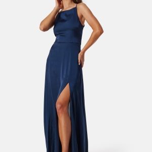 Bubbleroom Occasion Drapy-Back Slit Satin Gown Navy 36