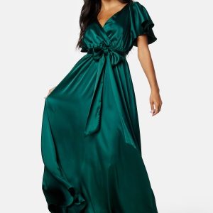 Goddiva Flutter Sleeve Satin Maxi Dress Green M (UK12)