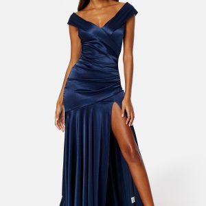 Goddiva Satin Bardot Pleat Maxi With Split Navy M (UK12)