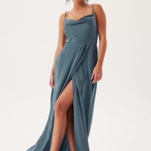 Bubbleroom Occasion Waterfall Slit Satin Gown Dark Dusty Blue 34