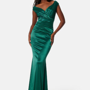 Satin Bardot Pleat Maxi Dress