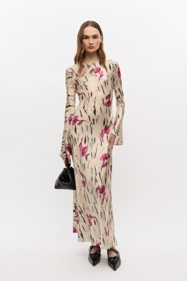 Printed Stretch Satin Long Sleeve M
